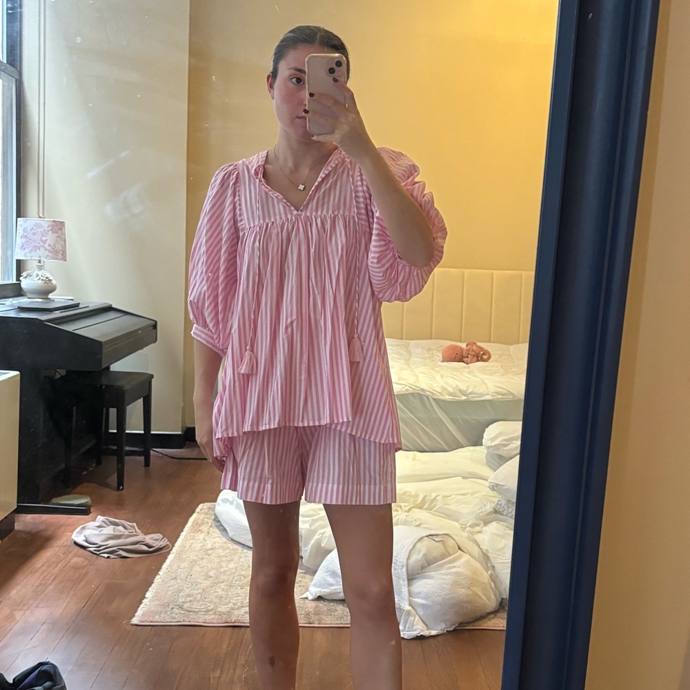Mille pink and white striped linen set